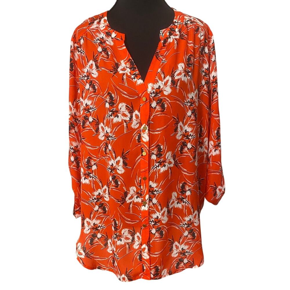 Emaline Petite PM Red Floral Button‎ Front Blouse Roll Tab Sleeves Career Resort